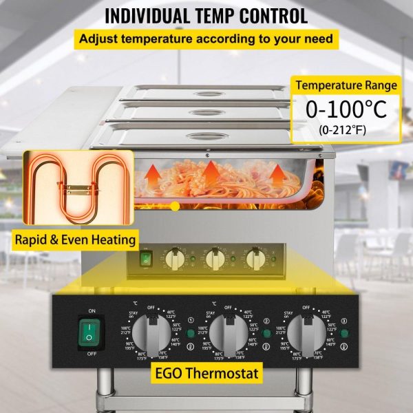 Food Holding & Warming Equipment | Commercial Electric Food Warmer, 3-Pot Steam Table Food Warmer 0-100℃ w/ 2 Lockable Wheels, Professional Stainless Steel Material with ETL Certification for Catering and Restaurants Food Holding & Warming Equipment Food Holding & Warming Equipment