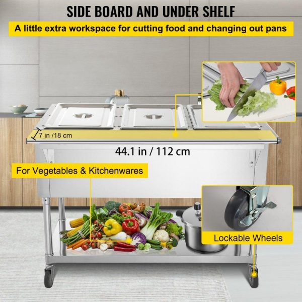 Food Holding & Warming Equipment | Commercial Electric Food Warmer, 3-Pot Steam Table Food Warmer 0-100℃ w/ 2 Lockable Wheels, Professional Stainless Steel Material with ETL Certification for Catering and Restaurants Food Holding & Warming Equipment Food Holding & Warming Equipment