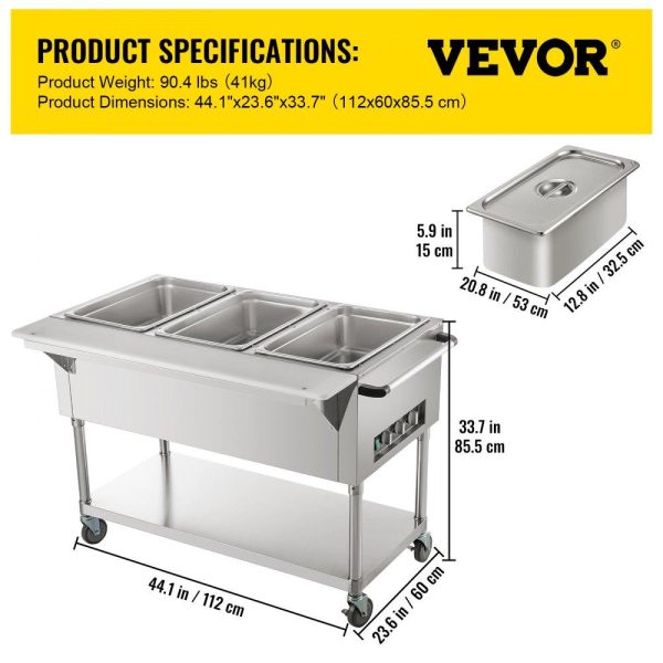 Food Holding & Warming Equipment | Commercial Electric Food Warmer, 3-Pot Steam Table Food Warmer 0-100℃ w/ 2 Lockable Wheels, Professional Stainless Steel Material with ETL Certification for Catering and Restaurants Food Holding & Warming Equipment Food Holding & Warming Equipment