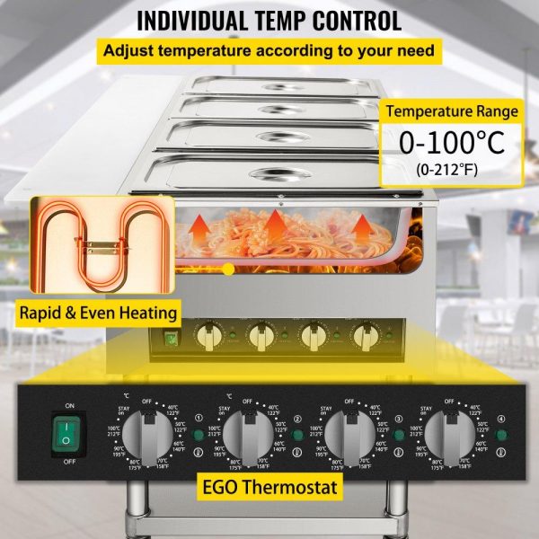 Food Holding & Warming Equipment | Commercial Electric Food Warmer, 4-Pot Steam Table Food Warmer 0-100℃ w/ 2 Lockable Wheels, Professional Stainless Steel Material with ETL Certification for Catering and Restaurants Food Holding & Warming Equipment Food Holding & Warming Equipment