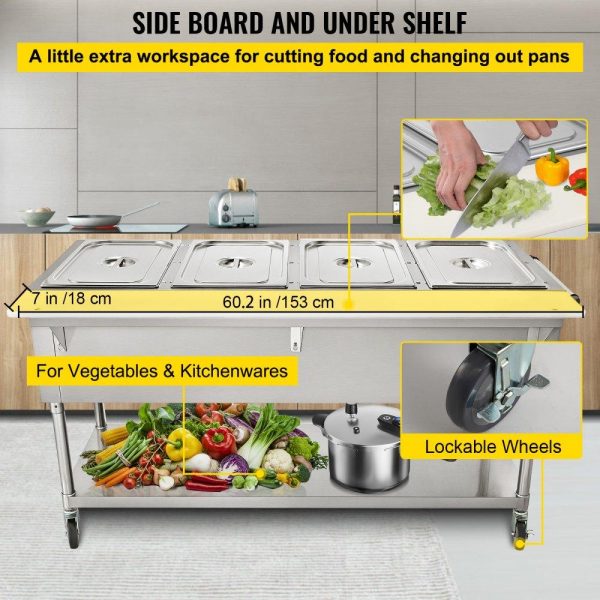 Food Holding & Warming Equipment | Commercial Electric Food Warmer, 4-Pot Steam Table Food Warmer 0-100℃ w/ 2 Lockable Wheels, Professional Stainless Steel Material with ETL Certification for Catering and Restaurants Food Holding & Warming Equipment Food Holding & Warming Equipment