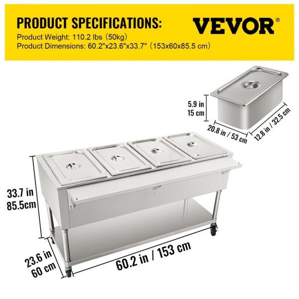 Food Holding & Warming Equipment | Commercial Electric Food Warmer, 4-Pot Steam Table Food Warmer 0-100℃ w/ 2 Lockable Wheels, Professional Stainless Steel Material with ETL Certification for Catering and Restaurants Food Holding & Warming Equipment Food Holding & Warming Equipment