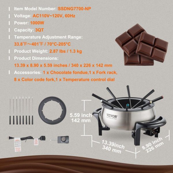 Food Holding & Warming Equipment | Electric Fondue Pot Set for Cheese & Chocolate, 3 Quart Chocolate Melting Warmer, Stainless Steel Fondue Maker with Temperature Control and 8 Forks, for Hors d’Oeuvres, Entrees, and Desserts Food Holding & Warming Equipment Food Holding & Warming Equipment