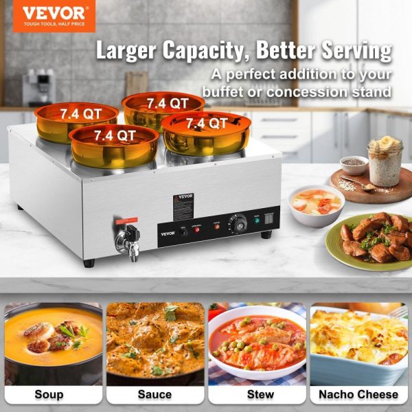 Food Holding & Warming Equipment | Electric Soup Warmer, Four 7.4QT Stainless Steel Round Pot 86~185°F Adjustable Temp, 1500W Commercial Bain Marie with Anti-dry Burn and Reset Button, Soup Station for Restaurant, Buffet, Silver Food Holding & Warming Equipment Food Holding & Warming Equipment