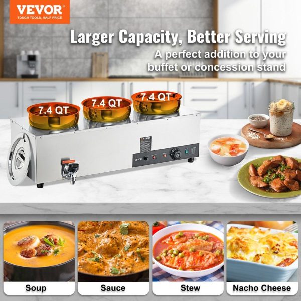 Food Holding & Warming Equipment | Electric Soup Warmer, Three 7.4QT Stainless Steel Round Pot 86~185°F Adjustable Temp, 1200W Commercial Bain Marie with Anti-dry Burn and Reset Button, Soup Station for Restaurant, Buffet, Silver Food Holding & Warming Equipment Food Holding & Warming Equipment