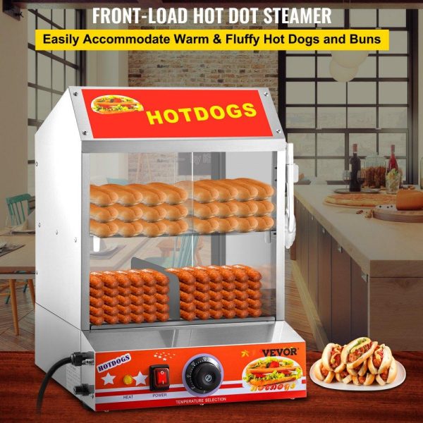 Food Holding & Warming Equipment | Hot Dog Steamer, 27L/24.52Qt, 2-Tier Hut Steamer for 175 Hot Dogs & 40 Buns, Electric Bun Warmer Cooker with Tempered Glass Slide Doors Partition Plate Food Clip PTFE Tape, Stainless Steel Food Holding & Warming Equipment Food Holding & Warming Equipment