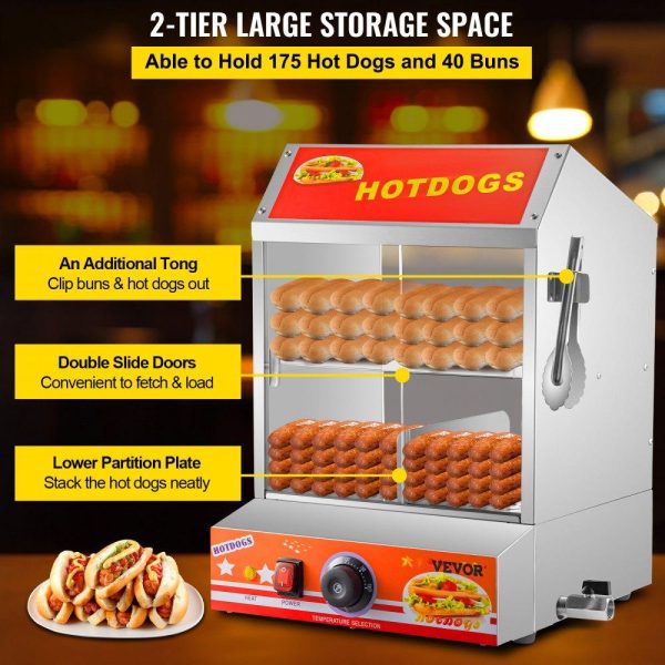 Food Holding & Warming Equipment | Hot Dog Steamer, 27L/24.52Qt, 2-Tier Hut Steamer for 175 Hot Dogs & 40 Buns, Electric Bun Warmer Cooker with Tempered Glass Slide Doors Partition Plate Food Clip PTFE Tape, Stainless Steel Food Holding & Warming Equipment Food Holding & Warming Equipment