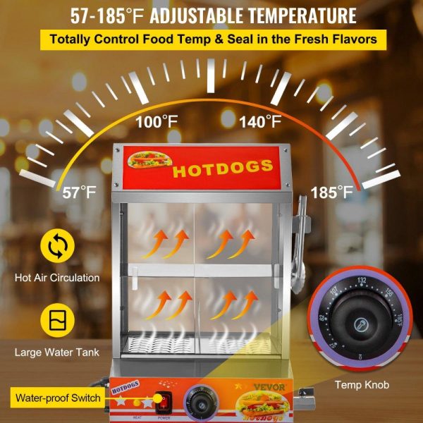 Food Holding & Warming Equipment | Hot Dog Steamer, 27L/24.52Qt, 2-Tier Hut Steamer for 175 Hot Dogs & 40 Buns, Electric Bun Warmer Cooker with Tempered Glass Slide Doors Partition Plate Food Clip PTFE Tape, Stainless Steel Food Holding & Warming Equipment Food Holding & Warming Equipment