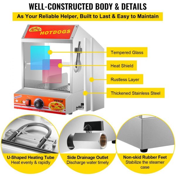 Food Holding & Warming Equipment | Hot Dog Steamer, 27L/24.52Qt, 2-Tier Hut Steamer for 175 Hot Dogs & 40 Buns, Electric Bun Warmer Cooker with Tempered Glass Slide Doors Partition Plate Food Clip PTFE Tape, Stainless Steel Food Holding & Warming Equipment Food Holding & Warming Equipment