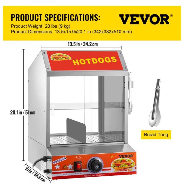 Food Holding & Warming Equipment | Hot Dog Steamer, 27L/24.52Qt, 2-Tier Hut Steamer for 175 Hot Dogs & 40 Buns, Electric Bun Warmer Cooker with Tempered Glass Slide Doors Partition Plate Food Clip PTFE Tape, Stainless Steel Food Holding & Warming Equipment Food Holding & Warming Equipment