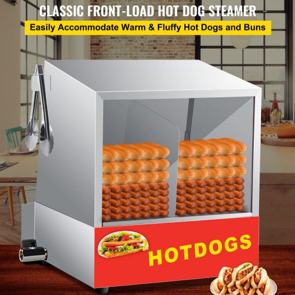 Food Holding & Warming Equipment | Hot Dog Steamer, 36L/32.69Qt, Classic Hut Steamer for 96 Hot Dogs & 30 Buns, Electric Bun Warmer Cooker with Drop Down Door Acrylic Window Partition Plate Food Clip PTFE Tape, Stainless Steel Food Holding & Warming Equipment Food Holding & Warming Equipment