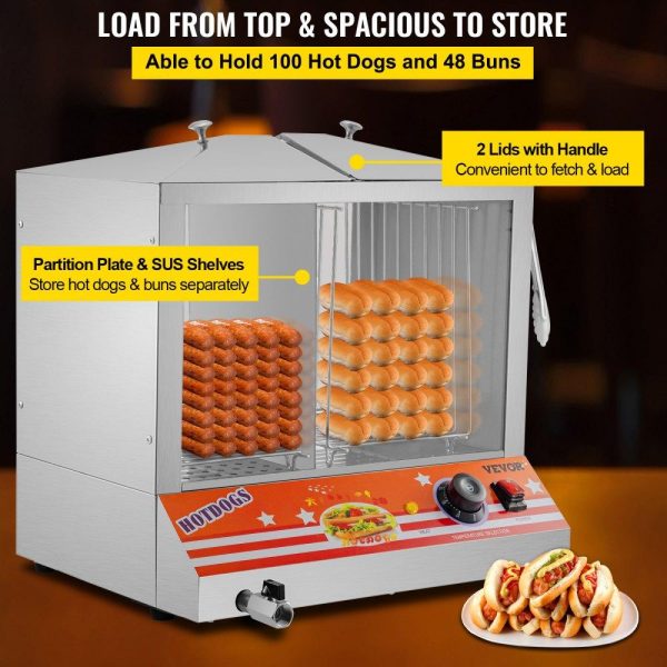 Food Holding & Warming Equipment | Hot Dog Steamer, 36L/32.69Qt, Top Load Hut Steamer for 100 Hot Dogs & 48 Buns, Electric Bun Warmer Cooker with Acrylic Windows Partition Plate Shelves Food Clip PTFE Tape, Stainless Steel Food Holding & Warming Equipment Food Holding & Warming Equipment