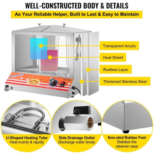 Food Holding & Warming Equipment | Hot Dog Steamer, 36L/32.69Qt, Top Load Hut Steamer for 100 Hot Dogs & 48 Buns, Electric Bun Warmer Cooker with Acrylic Windows Partition Plate Shelves Food Clip PTFE Tape, Stainless Steel Food Holding & Warming Equipment Food Holding & Warming Equipment