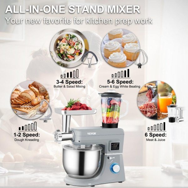 Food Preparation Equipment | 5 IN 1 Stand Mixer, 660W Tilt-Head Multifunctional Electric Mixer with 6 Speeds LCD Screen Timing, 7.4 Qt Stainless Bowl, Dough Hook, Flat Beater, Whisk, Scraper, Meat Grinder, Juice Cup – Gray Food Preparation Equipment Food Preparation Equipment