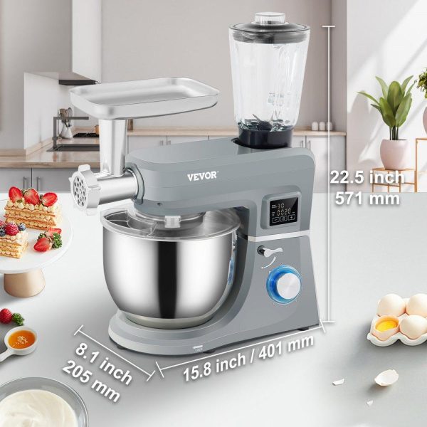 Food Preparation Equipment | 5 IN 1 Stand Mixer, 660W Tilt-Head Multifunctional Electric Mixer with 6 Speeds LCD Screen Timing, 7.4 Qt Stainless Bowl, Dough Hook, Flat Beater, Whisk, Scraper, Meat Grinder, Juice Cup – Gray Food Preparation Equipment Food Preparation Equipment