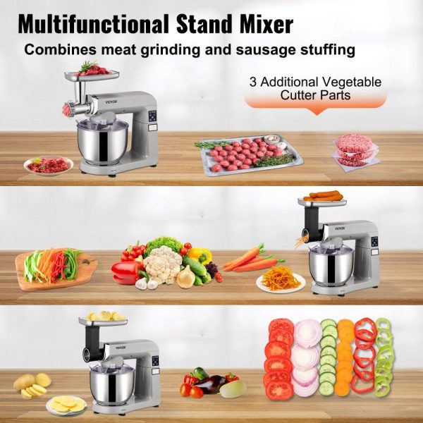 Food Preparation Equipment | 6 in 1 Stand Mixer, 450W Multifunctional Electric Mixer with Tilt-Head, 6 Speeds and LCD Screen Timing, 7.4Qt Stainless Bowl, Dough Hook, Flat Beater, Whisk, Scraper, Grinder, Stuffer, Slicer Food Preparation Equipment Food Preparation Equipment