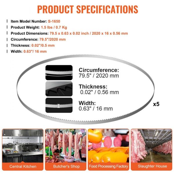 Food Preparation Equipment | Band Saw Blade, 79.5×0.63×0.02 inch, 5 PCS/Pack Meat Bandsaw Blades for Replacement, Carbon Steel Blade, Meat Cutting Blade Wrapped by Rust-Proof Paper, Fit for Commercial Bone Saw Machines Food Preparation Equipment Food Preparation Equipment