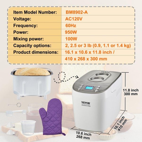 Food Preparation Equipment | Bread Maker, 15-in-1 3LB Dough Machine, Nonstick Ceramic Pan Automatic Breadmaker with Gluten Free Setting, Whole Wheat Bread Making, Digital, Programmable, 3 Loaf Sizes, 3 Crust Colors, White Food Preparation Equipment Food Preparation Equipment