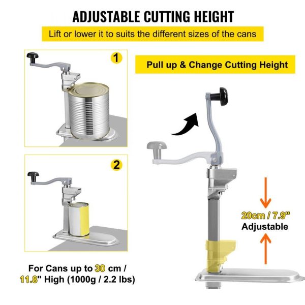 Food Preparation Equipment | Commercial Can Opener, 18.9″/48cm Long, Stainless Steel Manual Table Can Opener for Up to 11.8″/30cm Tall, Fixed with Clamp or Screws, Ergonomic Swing Handle & One Spare Knife, for Restaurants Food Preparation Equipment Food Preparation Equipment