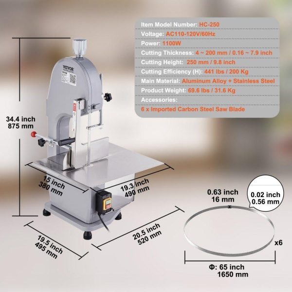 Food Preparation Equipment | Commercial Electric Meat Bandsaw, 1100W Stainless Steel Countertop Bone Sawing Machine, Workbeach 19.3″ x 15″, 0.16-7.9 Inch Cutting Thickness, Frozen Meat Cutter with 6 Blades for Rib Pork Beef Food Preparation Equipment Food Preparation Equipment