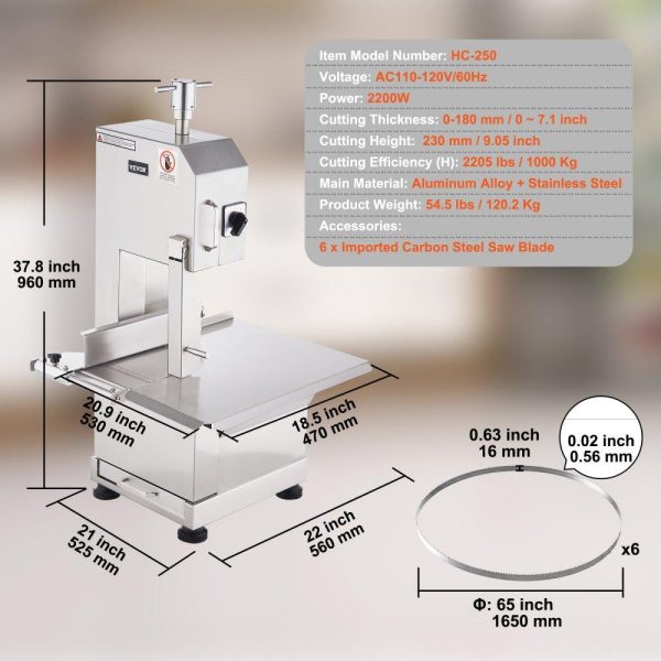 Food Preparation Equipment | Commercial Electric Meat Bandsaw, 2200W Stainless Steel Countertop Bone Sawing Machine, Workbeach 18.5″ x 20.9″, 0-7.1 Inch Cutting Thickness, Frozen Meat Cutter with 6 Blades for Rib Pork Beef Food Preparation Equipment Food Preparation Equipment