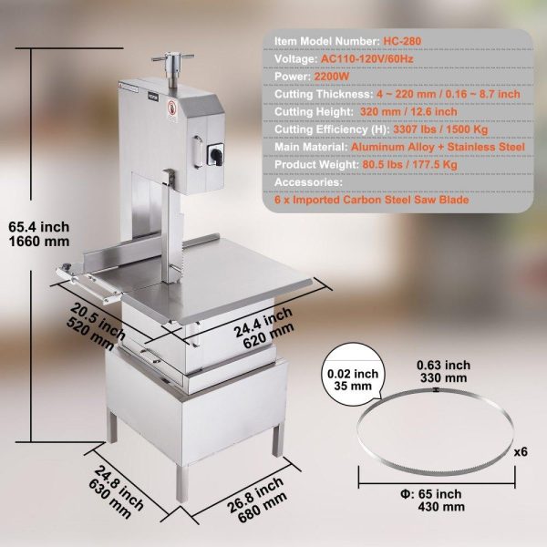 Food Preparation Equipment | Commercial Electric Meat Bandsaw, 2200W Stainless Steel Vertical Bone Sawing Machine, Workbeach 24.4″ x 20.5″, 0.16-8.7 Inch Cutting Thickness, Frozen Meat Cutter with 6 Blades for Rib Pork Beef Food Preparation Equipment Food Preparation Equipment