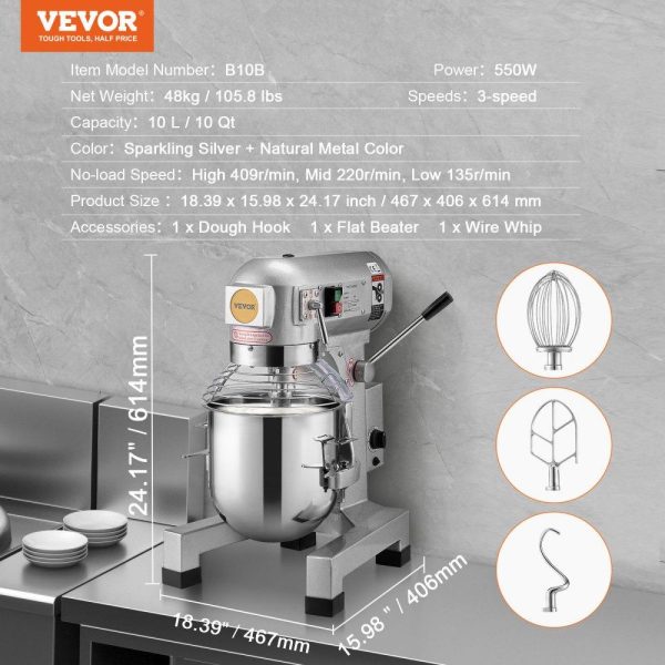 Food Preparation Equipment | Commercial Food Mixer 10L 3-Speed Stand Dough Mixer 550W for Restaurant Food Preparation Equipment Food Preparation Equipment