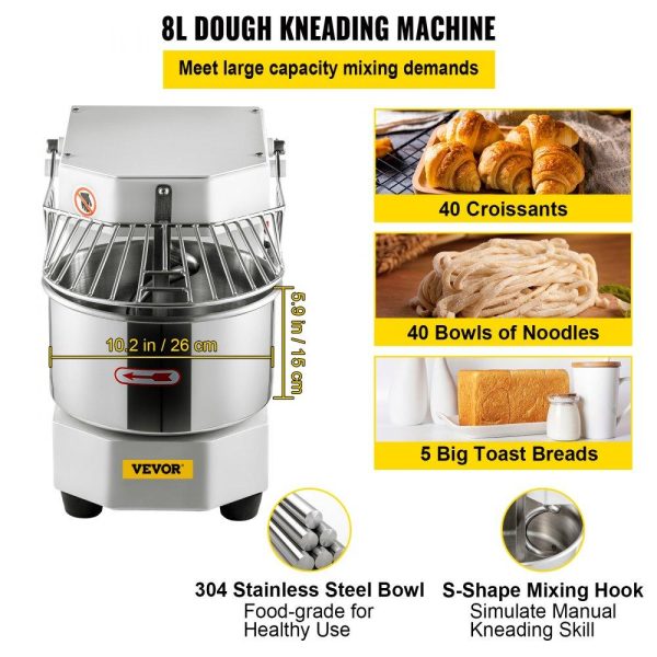 Food Preparation Equipment | Commercial Food Mixer, 8.5Qt Capacity, 450W Dual Rotating Dough Kneading Machine with Food-grade Stainless Steel Bowl, Security Shield & Timer Included, Baking Equipment for Restaurant Pizzeria Food Preparation Equipment Food Preparation Equipment