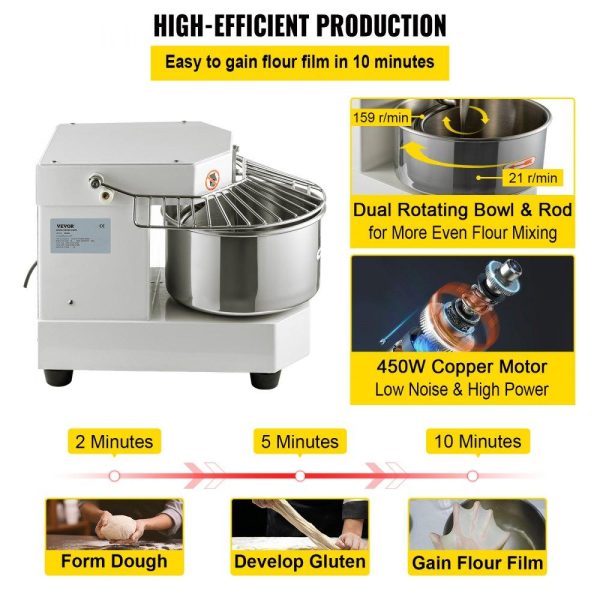 Food Preparation Equipment | Commercial Food Mixer, 8.5Qt Capacity, 450W Dual Rotating Dough Kneading Machine with Food-grade Stainless Steel Bowl, Security Shield & Timer Included, Baking Equipment for Restaurant Pizzeria Food Preparation Equipment Food Preparation Equipment