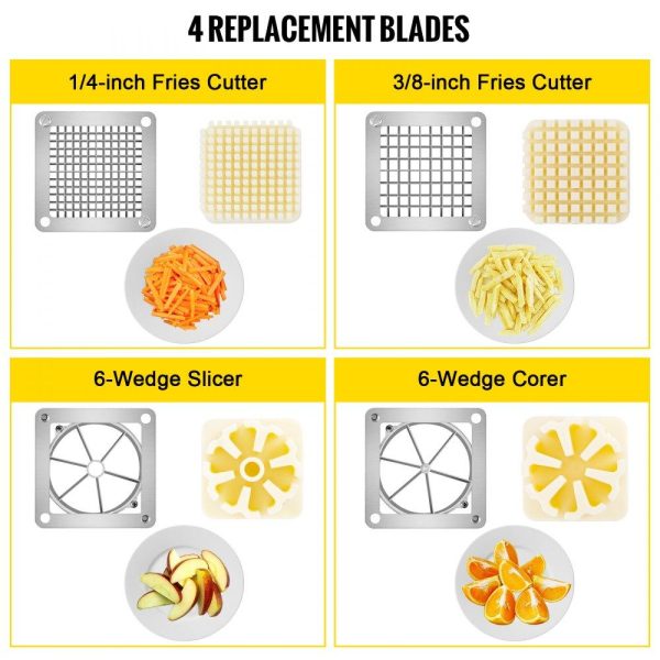 Food Preparation Equipment | Commercial French Fry Cutter with 4 Replacement Blades, 1/4 and 3/8 Blade Easy Dicer Chopper, 6-wedge Slicer and 6-wedge Apple Corer, Lemon Potato Cutter for French Fries with Extended Handle Food Preparation Equipment Food Preparation Equipment