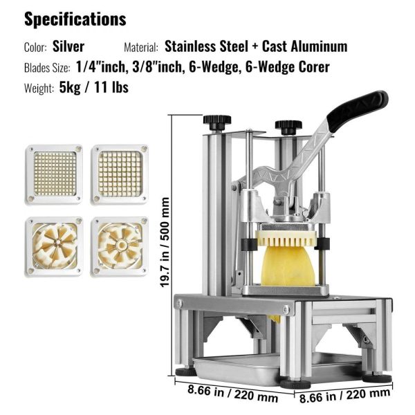 Food Preparation Equipment | Commercial French Fry Cutter with 4 Replacement Blades, 1/4″ & 3/8″ Blade Easy Dicer Chopper, 6-wedge Slicer & 6-wedge Apple Corer, Lemon Potato Cutter for French Fries with Tray and Handle Food Preparation Equipment Food Preparation Equipment