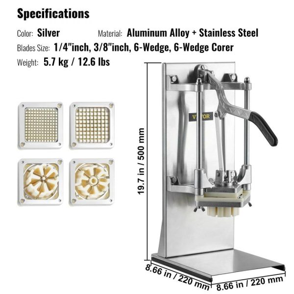 Food Preparation Equipment | Commercial French Fry Cutter with 4 Replacement Blades, 1/4″ and 3/8″ Blade Easy Dicer Chopper, 6-wedge Slicer and 6-wedge Apple Corer, Lemon Potato Cutter for French Fries with Extended Handle Food Preparation Equipment Food Preparation Equipment