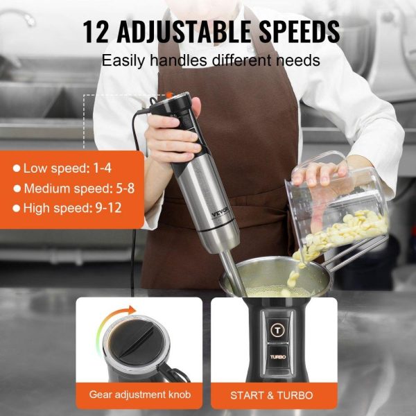 Food Preparation Equipment | Commercial Immersion Blender, 12-Speed Heavy Duty Immersion Blender, Stainless Steel Blade Copper Motor Hand Mixer, Portable Mixer with Measuring Cup, Whisk, Milk Frother, Silver Food Preparation Equipment Food Preparation Equipment