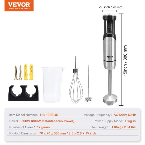 Food Preparation Equipment | Commercial Immersion Blender, 12-Speed Heavy Duty Immersion Blender, Stainless Steel Blade Copper Motor Hand Mixer, Portable Mixer with Measuring Cup, Whisk, Milk Frother, Silver Food Preparation Equipment Food Preparation Equipment