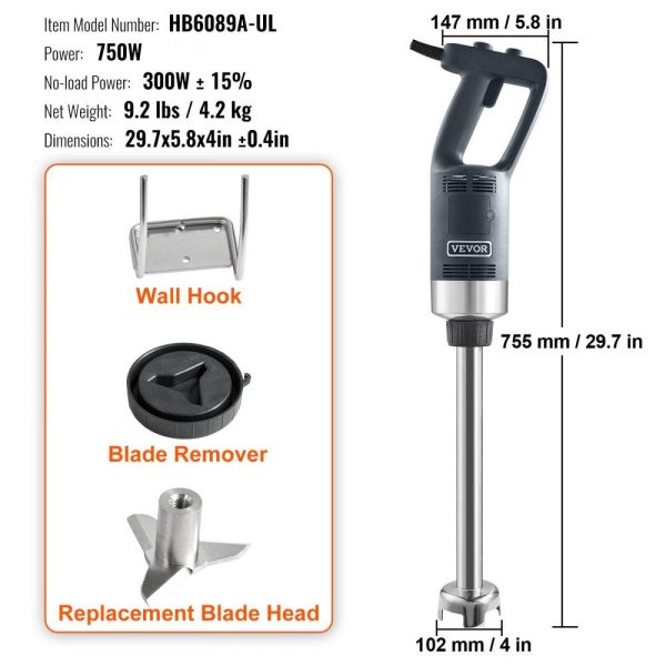 Food Preparation Equipment | Commercial Immersion Blender, 750W 16″ Heavy Duty Hand Mixer, Variable Speed Kitchen Stick Mixer with 304 Stainless Steel Blade, Multi-Purpose Portable Mixer for Soup, Smoothie, Puree, Baby Food Food Preparation Equipment Food Preparation Equipment