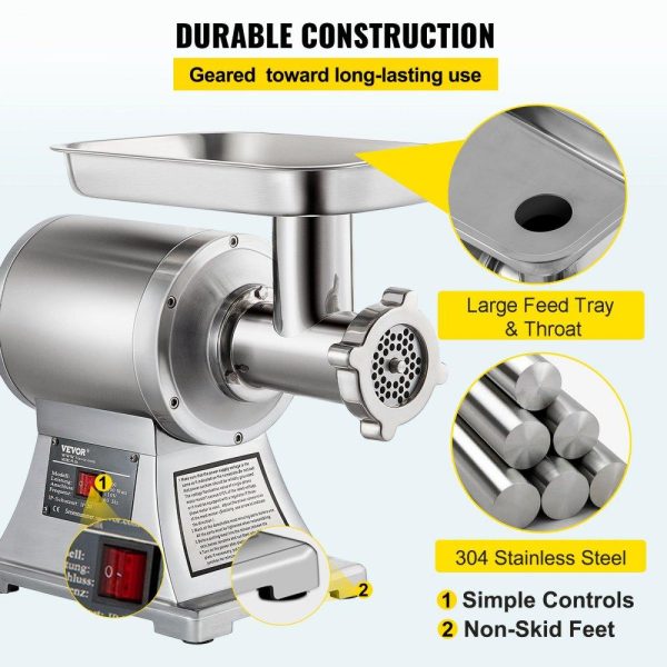 Food Preparation Equipment | Commercial Meat Grinder,550LB/h 1100W Electric Meat Grinder, 220 RPM Heavy Duty Stainless Steel Industrial Meat Mincer w/2 Blades, Grinding Plates & Stuffing Tubes Food Preparation Equipment Food Preparation Equipment