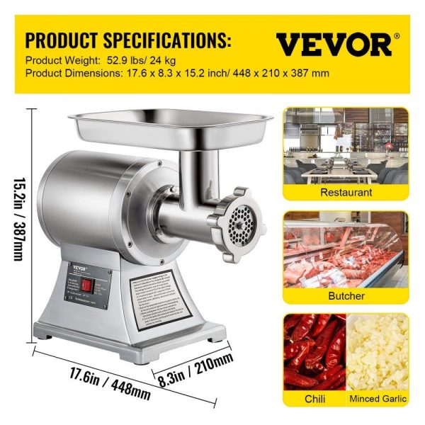 Food Preparation Equipment | Commercial Meat Grinder,550LB/h 1100W Electric Meat Grinder, 220 RPM Heavy Duty Stainless Steel Industrial Meat Mincer w/2 Blades, Grinding Plates & Stuffing Tubes Food Preparation Equipment Food Preparation Equipment