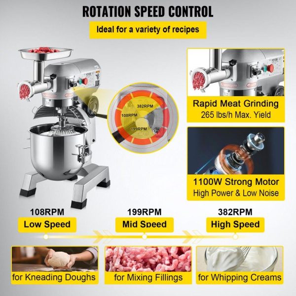 Food Preparation Equipment | Commercial Stand Mixer, 20Qt Stainless Steel Bowl, 1100W 2 in 1 Multifunctional Electric Food Mixer with Meat Grinder & 3 Speeds, Dough Hook Whisk Beater Included, Perfect for Bakery Pizzeria Food Preparation Equipment Food Preparation Equipment