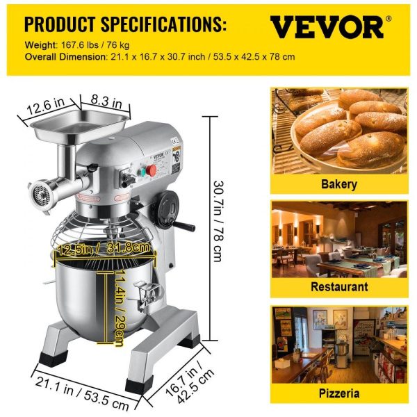 Food Preparation Equipment | Commercial Stand Mixer, 20Qt Stainless Steel Bowl, 1100W 2 in 1 Multifunctional Electric Food Mixer with Meat Grinder & 3 Speeds, Dough Hook Whisk Beater Included, Perfect for Bakery Pizzeria Food Preparation Equipment Food Preparation Equipment