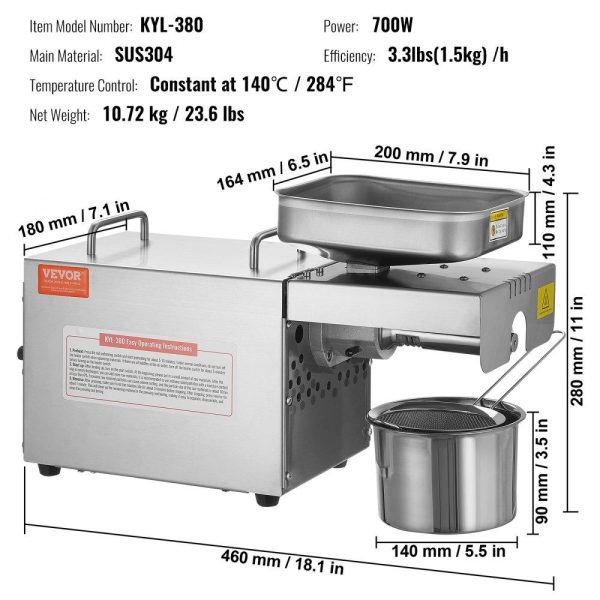 Food Preparation Equipment | Electric Oil Press Machine, 700W Stainless Steel Oil Extractor Machine, 140℃ / 284℉ Constant Temperature, Hot Press Oil Expeller for Pressing Peanuts, Sesame Seeds, Rapeseed, Tea Seeds Food Preparation Equipment Food Preparation Equipment