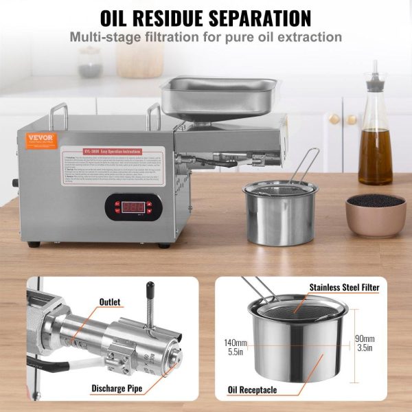 Food Preparation Equipment | Electric Oil Press Machine, 850W Stainless Steel Oil Extractor Machine, 0-300℃ / 32 – 572 ℉ Adjustable Temperature, Hot Press Oil Expeller for Pressing Peanuts, Sesame Seeds, Rapeseed, Tea Seeds Food Preparation Equipment Food Preparation Equipment