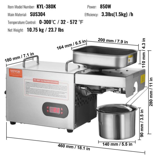 Food Preparation Equipment | Electric Oil Press Machine, 850W Stainless Steel Oil Extractor Machine, 0-300℃ / 32 – 572 ℉ Adjustable Temperature, Hot Press Oil Expeller for Pressing Peanuts, Sesame Seeds, Rapeseed, Tea Seeds Food Preparation Equipment Food Preparation Equipment