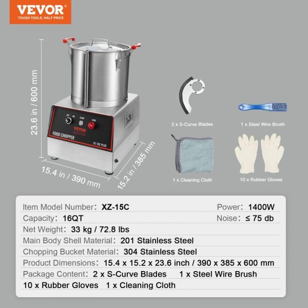 Food Preparation Equipment | Food Processor & Vegetable Chopper, 16 Quart, 1400W Food-Grade Stainless Steel Food Processor Chopper with 2 Extra S-Curve Blades, Multifunctional for Chopping Vegetables, Meat, Grains, Nuts Food Preparation Equipment Food Preparation Equipment