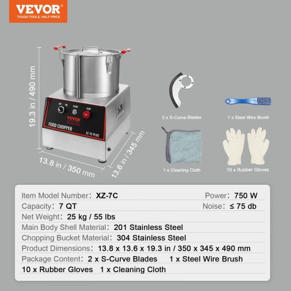 Food Preparation Equipment | Food Processor & Vegetable Chopper, 7 Quart Bowl, 750W Food-Grade Stainless Steel Food Processor Chopper with 2 Extra S-Curve Blades, Multifunctional for Chopping Vegetables, Meat, Grains, Nuts Food Preparation Equipment Food Preparation Equipment