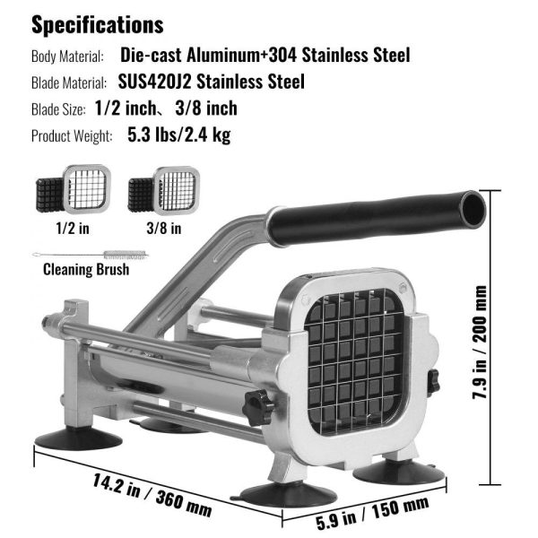 Food Preparation Equipment | French Fry Cutter, Potato Slicer with 1/2-Inch and 3/8-Inch Stainless Steel Blades, Manual Potato Cutter Chopper with Suction Cups, Great for Potato, French Fries, Cucumber, Vegetables, Carrot Food Preparation Equipment Food Preparation Equipment