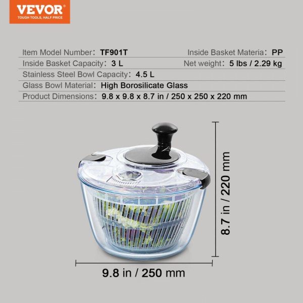 Food Preparation Equipment | Glass Salad Spinner, 4.75Qt, One-handed Easy Press Large Vegetable Dryer Washer, Lettuce Cleaner and Dryer with High Borosilicate Glass Bowl Lid, for Greens, Herbs, Berries, Fruits, No BPA Food Preparation Equipment Food Preparation Equipment