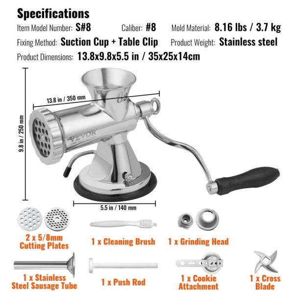 Food Preparation Equipment | Manual Meat Grinder, 304 Stainless Steel Hand Meat Grinder with Suction Cup + Steel Table Clamp, Meat Mincer Sausage Maker & 2 Cutting Plates, Sausage Tube, Grinding Head for Beef Pepper Cookie Food Preparation Equipment Food Preparation Equipment