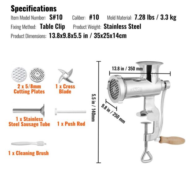 Food Preparation Equipment | Manual Meat Grinder, All Parts Stainless Steel, Hand Operated Meat Grinding Machine with Tabletop Clamp, 2 Grinding Plates & Sausage Stuffer, Ideal for Home Kitchen Restaurant Butcher’s Shop Food Preparation Equipment Food Preparation Equipment