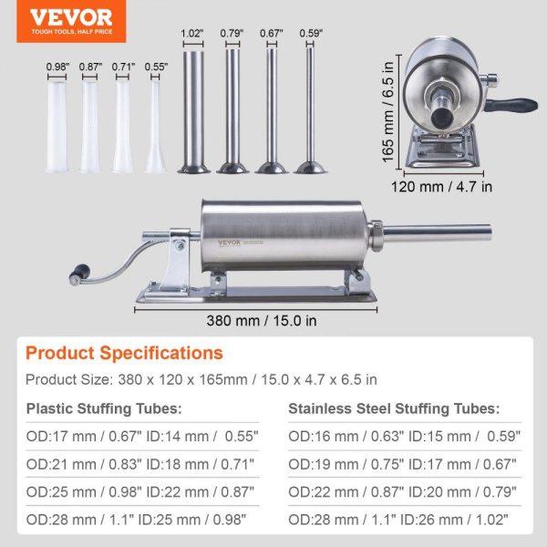 Food Preparation Equipment | Manual Sausage Stuffer, 2.5 L / 6 LBS Horizontal Sausage Machine with U-type Clamp, Made of Food-Grade Stainless Steel, Includes 8 Stuffing Tubes, for Home Kitchen Restaurant Commercial Food Preparation Equipment Food Preparation Equipment