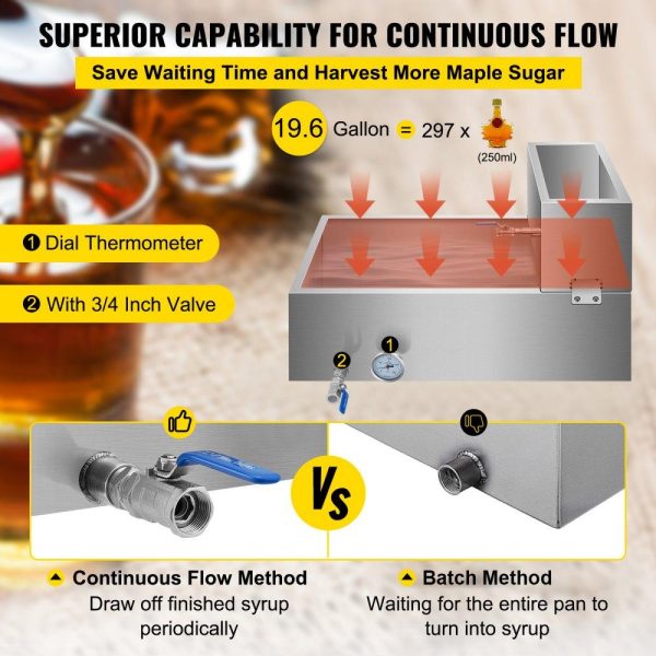 Food Preparation Equipment | Maple Syrup Evaporator Pan 30x16x19 Inch Stainless Steel Maple Syrup Boiling Pan with Valve and Thermometer and Feed Pan for Boiling Maple Syrup Food Preparation Equipment Food Preparation Equipment